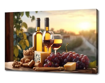 Vintage flessen witte wijn druiven kaas Toscane wijnmakerij canvasafdruk, wijnliefhebber cadeau, keuken restaurant Wall Art Print, wijn muur decor