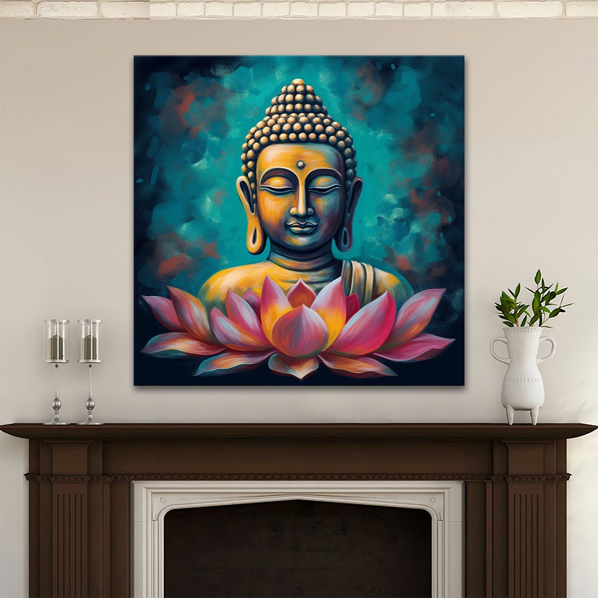 Cuadro De Buda Blanco Sobre Lienzo Con Flor De Loto Dorada, Arte Mural Zen Para Sala De Meditación, Lienzo De Buda, Regalo De Arte Espiritual Para El Hogar. - España
