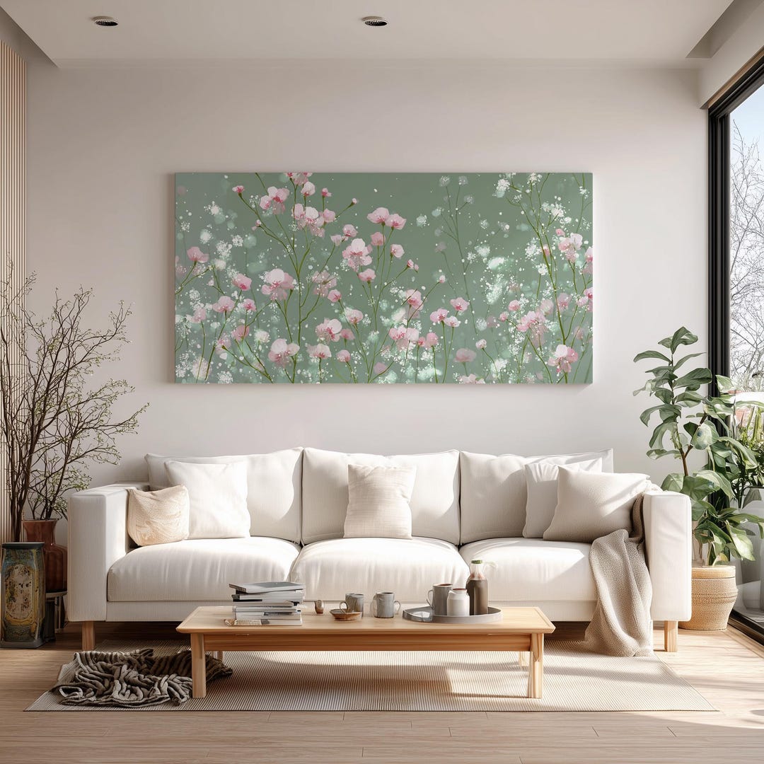 Pink Blossom Canvas Print – Sage Green Floral Wall Art - Etsy
