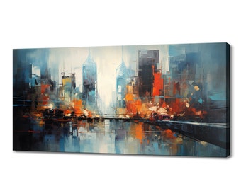 Night In New York Abstract Cityscape Watercolour Canvas Print, Skyline Wall Art, Home Office Decor Travel Gift, Handmade Fine Art Print
