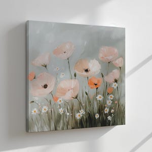 Beautiful Peach Poppy Flowers Field Vintage Oil Painting Style Canvas Print Wall Hanging, Living Room Decor, Modern Design Floral Art Print