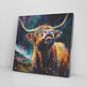 Colorful Highland Cattle Abstract Canvas Print – Vibrant Scottish Cow Wall Art – Bold Farmhouse Animal Decor for Rustic or Modern Interiors