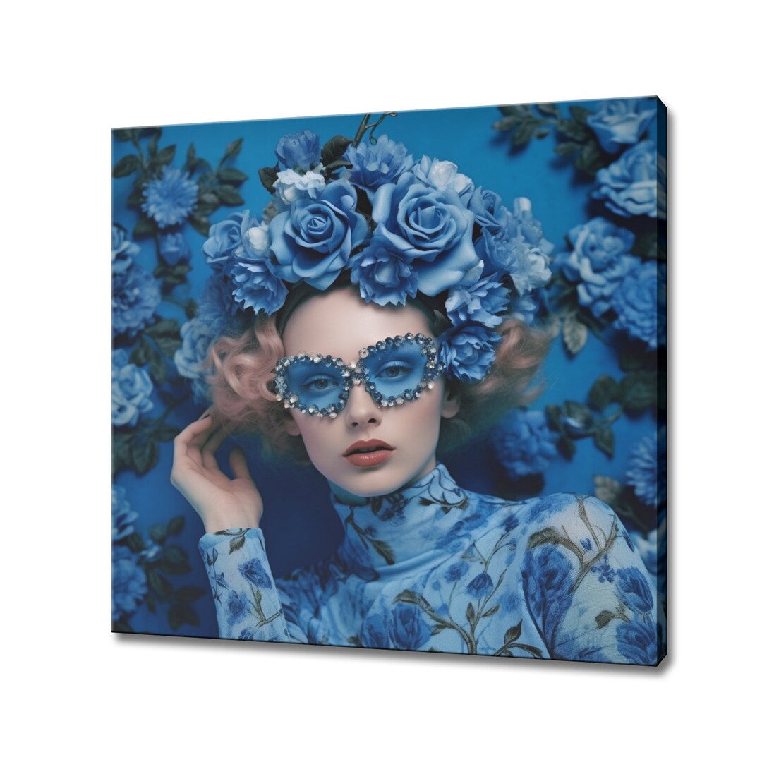 Blue Flowers Head Woman Canvas Print, Female Floral Portrait, Rococo ...