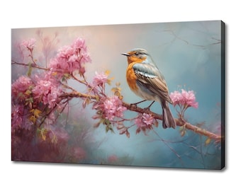 Beautiful Robin Bird Sitting On Cherry Pink Blossom Tree Canvas Print, Serene Spring Scene Art, Bird Home Decor, Nature Inspired Wall Art