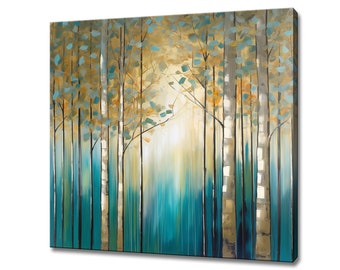 Birch Trees Blue Yellow Forest Painting Style Canvas Print, Colourful Landscape Art, Large Wall Art Print, Nature Picture Wall Hanging