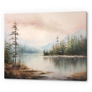 Vintage River Forest Trees Landscape, Antique Countryside Print, Moody Painting Canvas Print, Living Room Wall Art, Farmhouse Decor Art