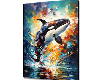 May include: A colorful painting of an orca jumping out of the water. The orca is black and white with a splash of water behind it. The background is a vibrant mix of blue, yellow, orange, and red.