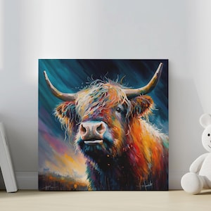 Abstract Colorful Highland Cattle Canvas Print – Vibrant Scottish Cow Wall Art – Bold Farmhouse Animal Decor for Rustic or Modern Interiors