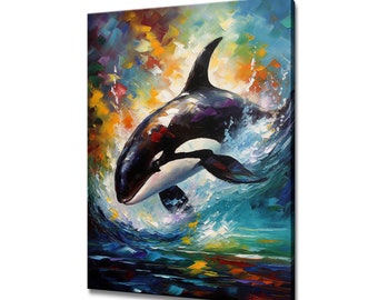 May include: A black and white orca whale leaps out of the water, creating a splash of blue and green water. The background is a colorful abstract painting of yellow, orange, red, and purple.
