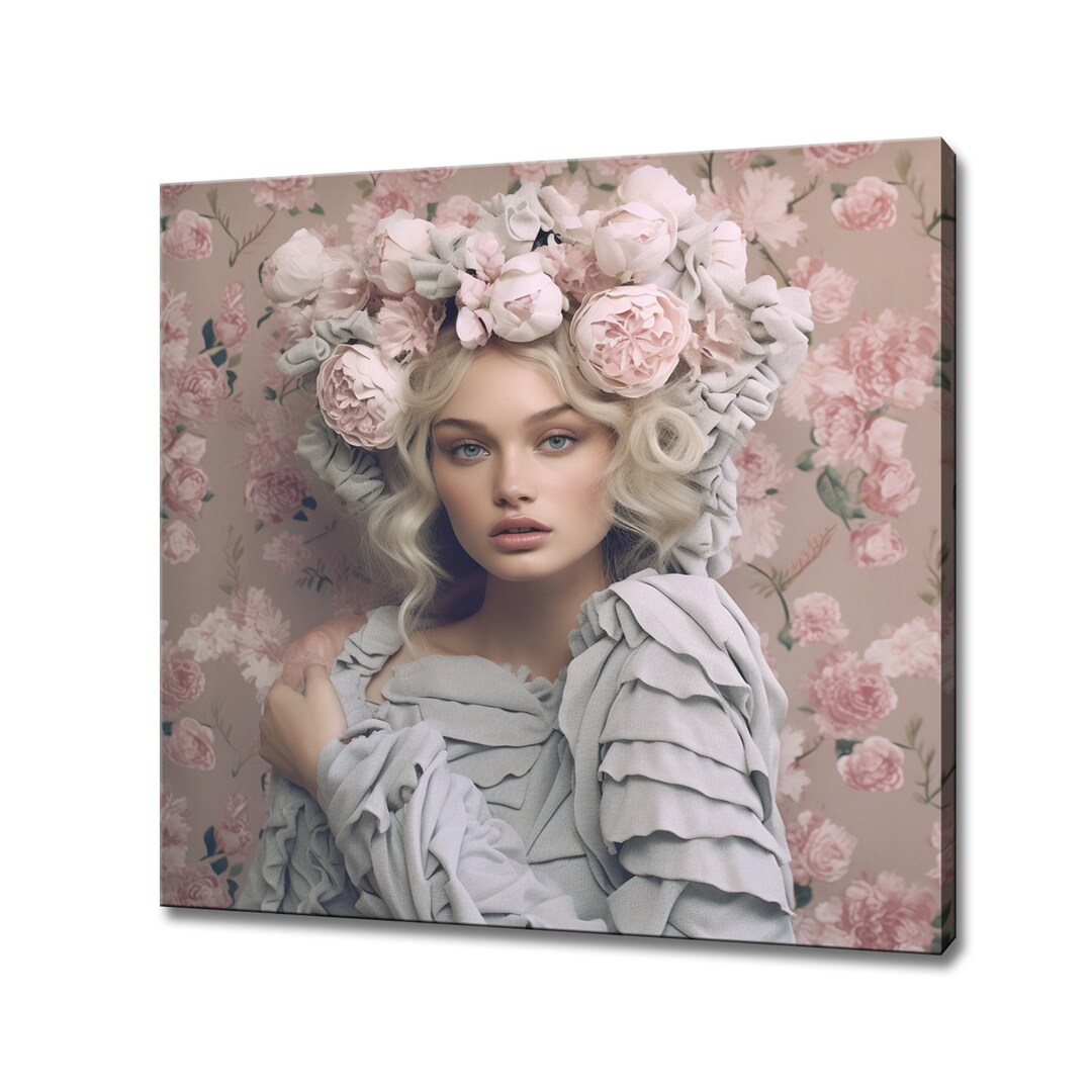 Light Pink Grey Flowers Head Woman Canvas Print, Shabby Chick Wall ...