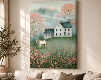 Whimsical Horse Farm Canvas Print, New England Summer Morning Wall Art