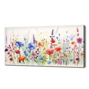 Beautiful Colourful Spring Wildflowers Field Meadow, Modern Design Floral Art Home Decor, Watercolour Flowers Canvas Print Wall Art