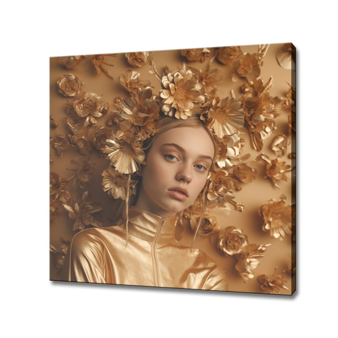 Gold Copper Flowers Head Woman Canvas Print, Female Floral Portrait ...