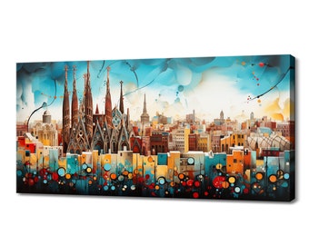 Barcelona Cityscape Colourful Abstract Painting Canvas Print, Handmade Fine Art Print, Spain Skyline Hanging Wall Art, Home Office Decor