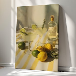 Lemon Limes and Cocktail Canvas Wall Art – Colorful Kitchen Bar Decor – Citrus Fruit Drink Print – Summer Mojito and Lime Beverage Artwork
