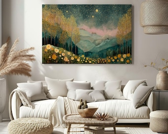 May include: A large rectangular canvas art piece depicting a landscape scene with a starry night sky, trees, and flowers. The color palette includes shades of gold, green, and blue. The artwork is displayed above a white sofa with beige pillows.