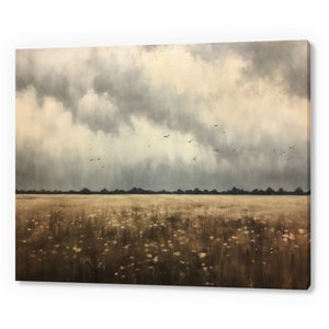 Vintage Stormy Meadow Country Landscape, Antique Countryside Print, Moody Painting Canvas Print, Living Room Wall Art, Farmhouse Decor Art