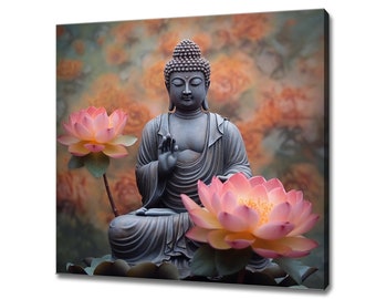 Calm Buddha Lotus Flowers Canvas Print | Spiritual Art Print | Peaceful Neutral Home Decor | Zen Art Print | Buddhist Meditation Wall Art