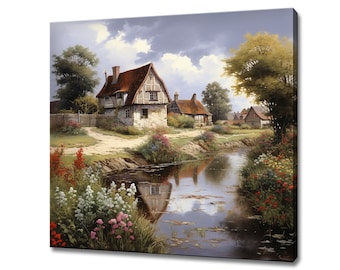 May include: A painting of a quaint village scene with a small river running through it. The river reflects the sky and the houses on its surface. The houses are made of stone and have red tile roofs. There are trees and flowers along the riverbank.