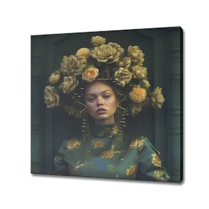 Salie groen gele bloemen hoofd vrouw canvasafdruk, vrouwelijke bloemen portret rococo bloemen kunst aan de muur, bloemen vrouw kunst, Shabby Chick muur decor