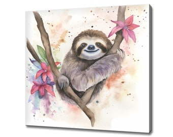 Sleepy Sloth Watercolour Canvas Art Print Picture Wall Hanging Handmade Home Decor Customised Gifts Wall Art Fast Free UK Delivery