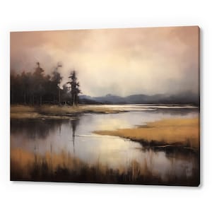 Rustic Vintage Country Lake Forest, Antique Countryside Print, Moody Painting Canvas Print, Living Room Wall Art, Farmhouse Decor Art