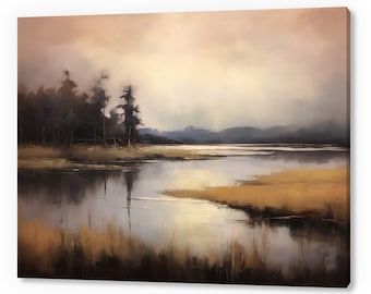 Rustic Vintage Country Lake Forest, Antique Countryside Print, Moody Painting Canvas Print, Living Room Wall Art, Farmhouse Decor Art