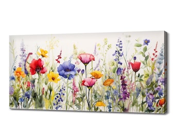 May include: A watercolor painting of a field of wildflowers in shades of red, pink, yellow, blue, and purple. The flowers are arranged in a horizontal line across the canvas, with the background a soft white.