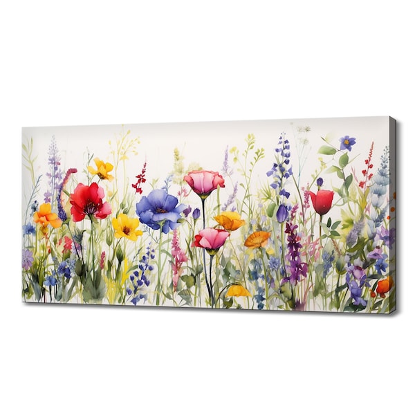 Beautiful Colourful Spring Wildflowers Meadow Field, Modern Design Floral Art Home Decor, Watercolour Flowers Canvas Print Wall Art