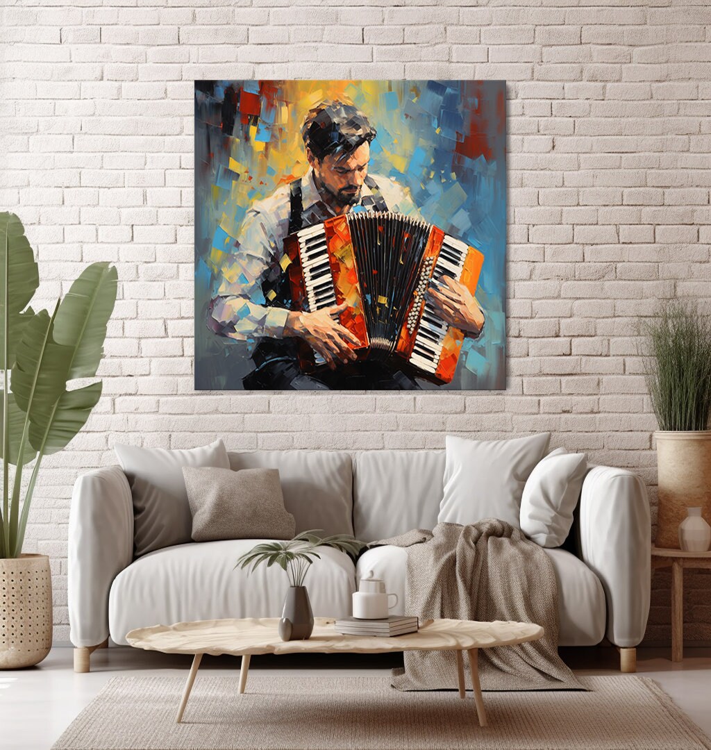 Accordion Player Colourful Painting Style Canvas Print, Classical