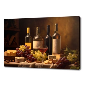 Vintage Bottles Of Wine Cheese Grapes Tuscany Winery Canvas Print, Wine Lover Gift, Kitchen Restaurant Wall Art Print, Wine Wall Decor