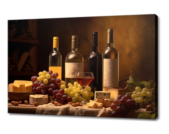 Vintage flessen wijn kaas druiven Toscane wijnmakerij canvas print, wijnliefhebber cadeau, keuken restaurant Wall Art Print, wijn muur decor