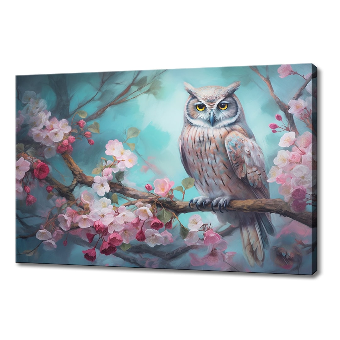 Beautiful Owl Bird Sitting on Pink Blossoming Tree Canvas Print, Serene ...