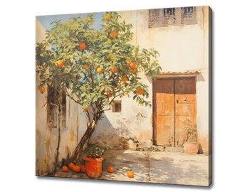 Orange Tree In Spanish Yard Oil Painting Style Canvas Print, Vintage Landscape Art, Large Wall Art Print, Nature Picture Wall Hanging