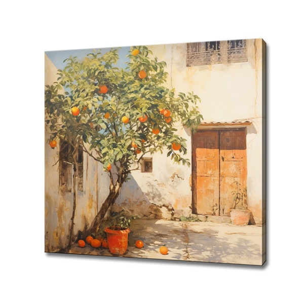 Orangenbaum im spanischen Gartenölgemälde-Stil Leinwanddruck, Vintage Landschaftskunst, großes Wandkunstdruck, Naturbild-Wandbehang