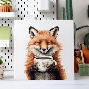Zorro rojo tomando té, lienzo decorativo para pared, decoración de animales del bosque, cuadro de zorro rojo para habitación infantil, dormitorio, sala de estar o pared de cabaña.