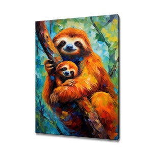 Sloth Mother and Baby Colourful Painting Wall Art Canvas Print Home Decor Handmade Wall Hanging Customised Gift Fast Free UK Delivery