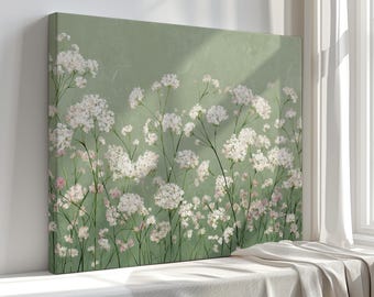 White Wildflowers, Soft Sage Green Canvas Print Art – Contemporary Floral Home Decor – High Quality and Ready to Hang
