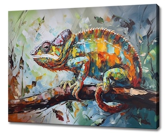 May include: A colourful painting of a chameleon perched on a branch. The chameleon is painted in shades of green, blue, orange, and yellow, with a textured brushstroke style. The background is a blurred, abstract painting of foliage.