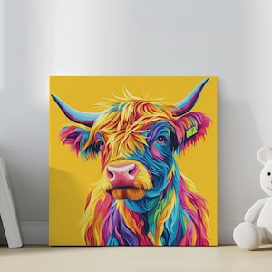 Abstract Colorful Highland Cattle Canvas Print – Vibrant Scottish Cow Wall Art – Bold Farmhouse Animal Decor for Rustic or Modern Interiors