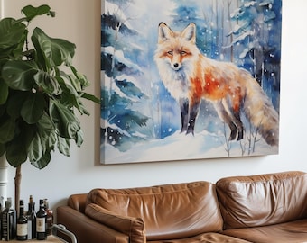 Red Fox in Winter Forest Canvas Print Wall Art – Woodland Animal Decor – Red Fox Painting for Nursery, Bedroom, Living Room or Cottage Walls