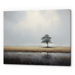 Vintage River Tree Country Landscape, Antique Countryside Print, Moody Painting Canvas Print, Living Room Wall Art, Farmhouse Decor Art