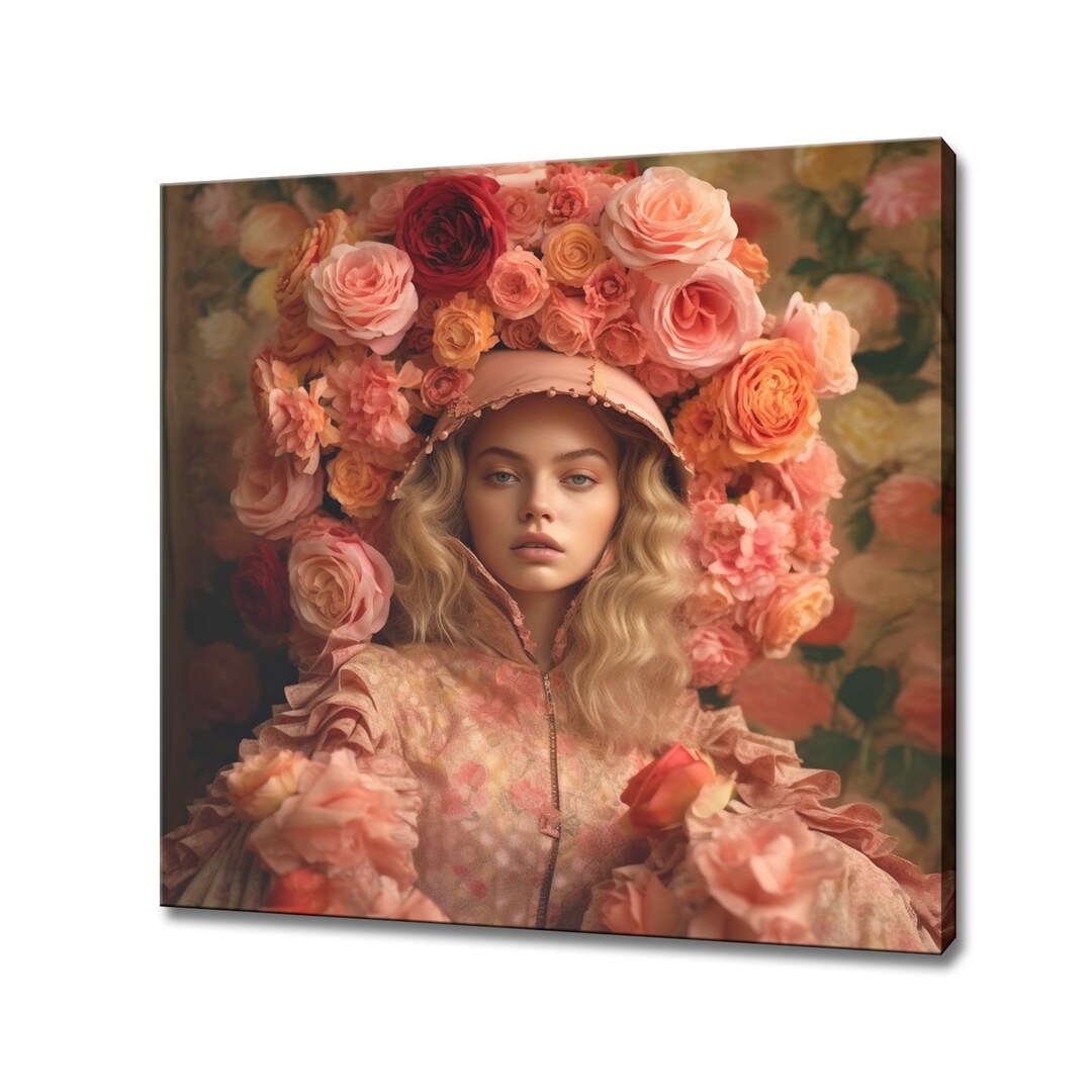Red Orange Flowers Head Woman Canvas Print, Female Floral Portrait ...