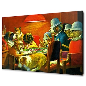 May include: A painting of a group of dogs playing cards around a table. The dogs are wearing clothes and hats, and some are holding cards. The scene is set in a dimly lit room with a red wall and a lamp hanging from the ceiling.