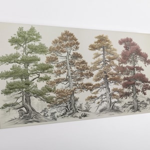 Colourful Vintage Pine Trees Landscape Canvas Print – Serene Nature Wall Art – Autumn Woodland Scene for Rustic or Minimalist Home Decor