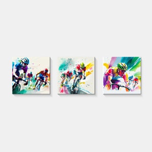 Tour de France-wielerwedstrijd Set van drie abstracte canvaskunst foto muur hangend handgemaakte aquarel kunst aan de muur Snelle gratis levering VK