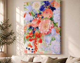 Fruit and Flowers Still Life Canvas Print, Decorative Kitchen Wall Art