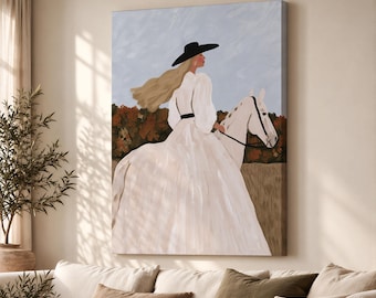 Autumn Cowgirl on Horse Canvas Print, Golden Western Landscape Wall Art