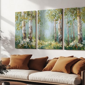 Birch Tree Forest Impressionist Painting, Three Panel Canvas Wall Art Set – Modern Triptych Print on Canvas – Gallery Wrapped Ready to Hang