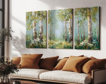 Impresjonistyczny obraz „Brzozowy las”, zestaw trzech paneli na płótnie – nowoczesny wydruk na płótnie w formie tryptyku – gotowy do powieszenia w galerii